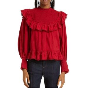 FARM Rio heart applique cotton blouse Smocked Ruffle Mock neck Size M